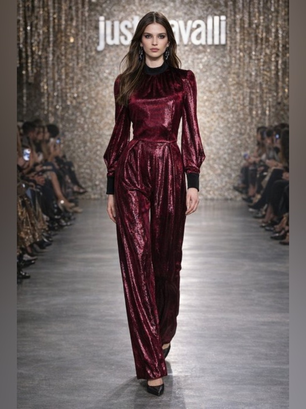 NWT Just Cavalli Runway Crushed Velvet Mock Neck Jumpsuit Burgundy Sz 36